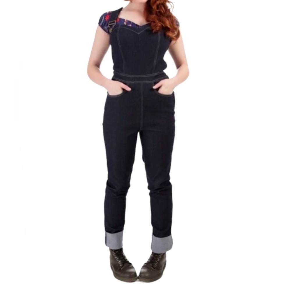 Collectif Dark Blue Denim Fitted Jeans Overalls - Picture 4 of 9
